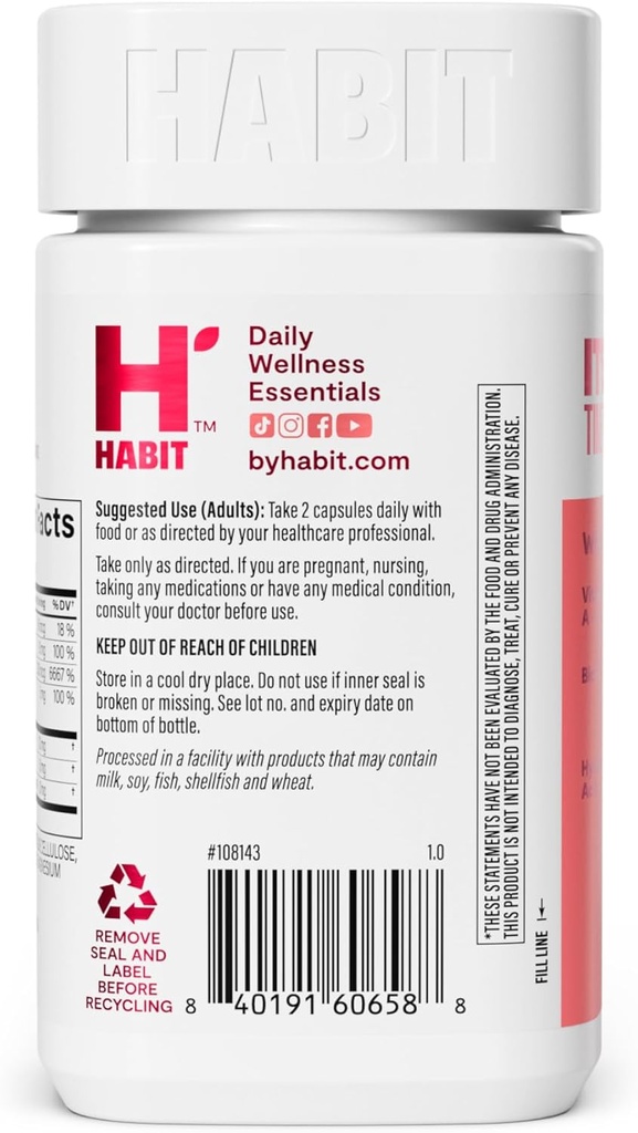 Habit Hair, Skin & Nails Supplement 2 Pack (120 Capsules) - New Look, Supports Skin Hydration, Hair & Nail Strength, Biotin 2000mcg, Vitamin A & C, Hyaluronic Acid, Rosehip, Vegan, Non-GMO 5