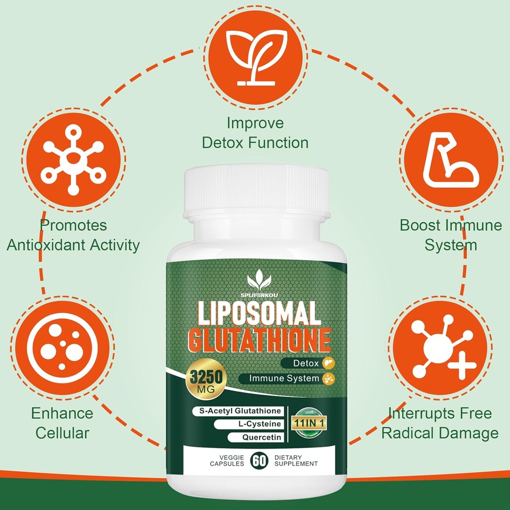 3250 MG Liposomal Glutathione Supplement,Reduced L-Glutathione with Resveratrol,Quercetin, Antioxidant Supplement for Immune System,Gluten Free & Non-GMO, 60 Capsules 6