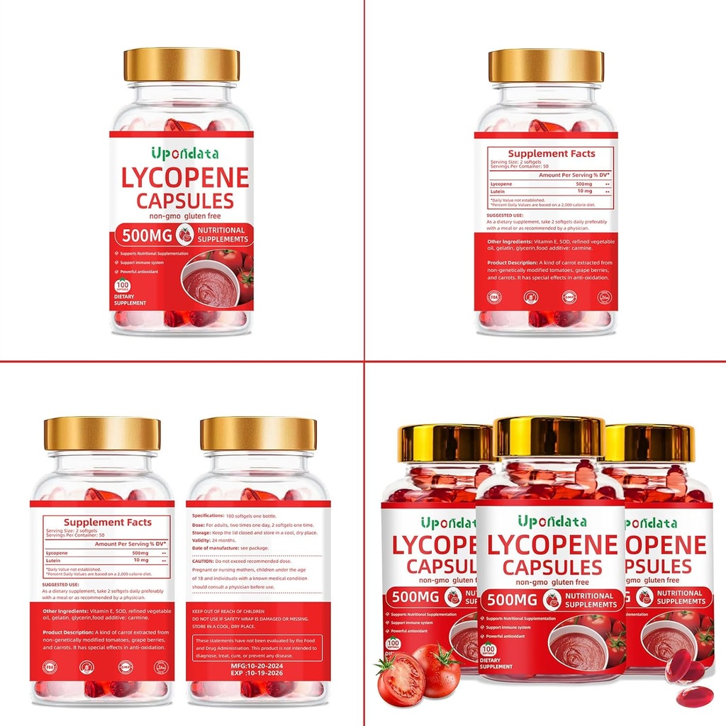 Lycopene Capsules - 500mg /100 Softgels Natural Tomato Extract Organic Complex Formula Supplement - Gluten-Free, Non-GMO (1 Pack) 4