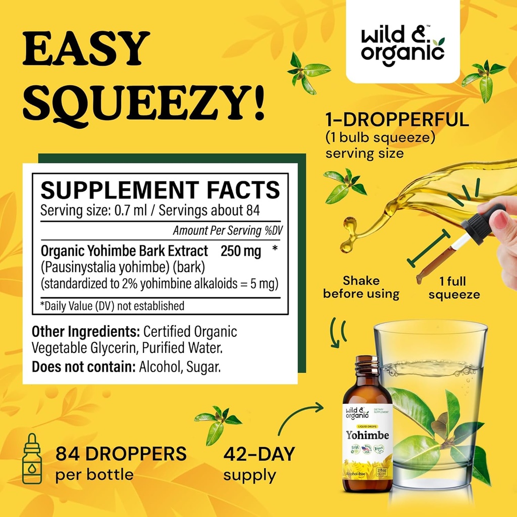 Wild & Organic Yohimbe Supplements for Men & Women - 5 mg Yohimbine Liquid Extract Drops - Pausinystalia Yohimbe Bark Tincture - Vegan, Alcohol-Free - 2 fl oz 4