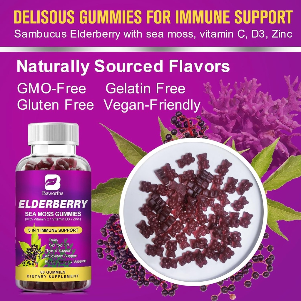 Elderberry Gummies & Irish Sea Moss, Organic Sambucus Elderberry Gummy with Seamoss, Zinc, Vitamin C, D3, Multivitamin Elderberry Vitamin & Energy Support Supplements - Sugar-Free 4