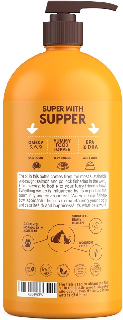 Petsmont Omega Love+ Wild Alaskan Salmon Oil for Dogs Formula 32 oz - Fish Omega Liquid Pump Cats Supports Joint Function Immune Heart Health Food Supplement Pets Natural EPA DHA Fatty Acids 3