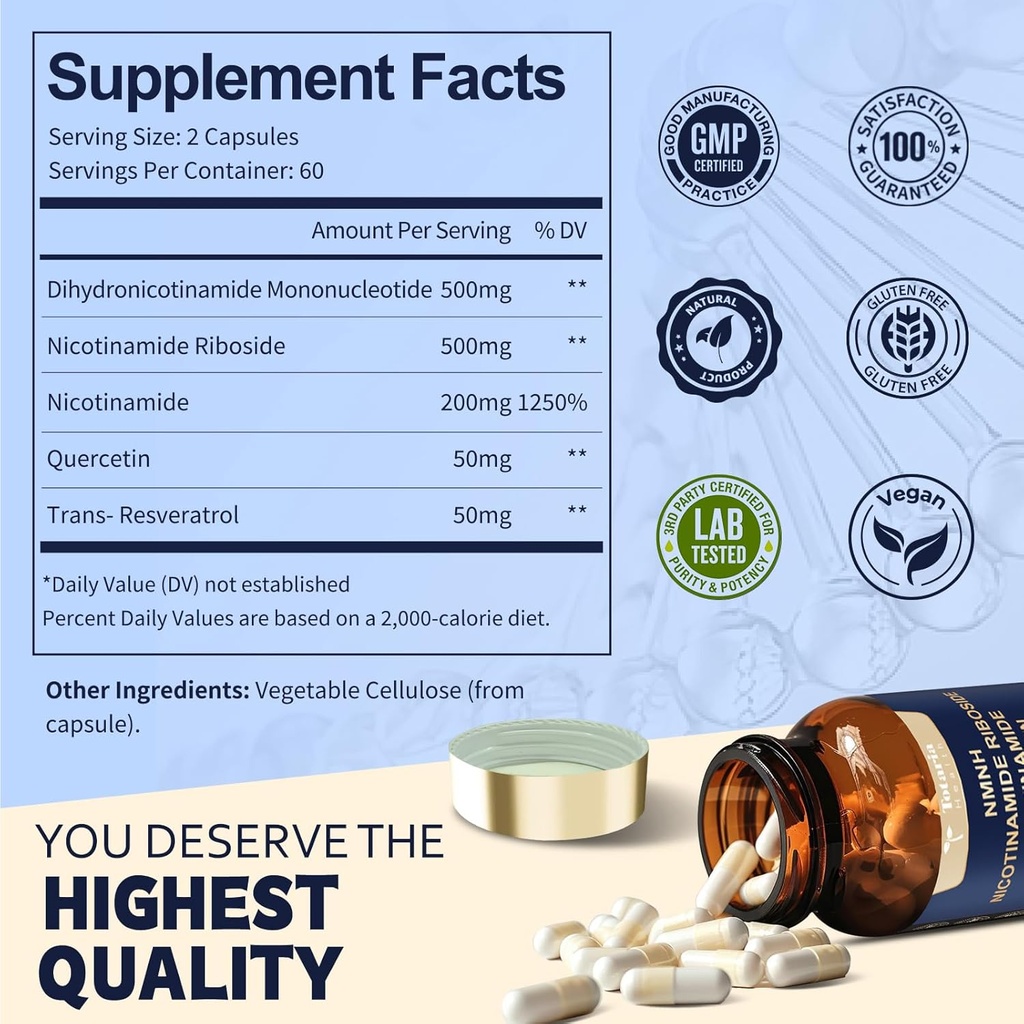 Totaria NMNH (Dihydronicotinamide Mononucleotide), NMN Alternative Supplement w/Niacinamide (Vitamin B3), Quercetin, Trans-Resveratrol, Support NAD+, Skin Cell Health*, Anti-Aging & Energy, 120 Caps 3