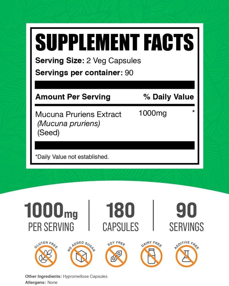 BulkSupplements.com Mucuna Pruriens Capsules - Herbal Supplements, Mucuna Pruriens Supplement, Velvet Beans - Vegan & Gluten Free, 2 Capsules per Serving (1000mg), 180 Count (Pack of 1) 3