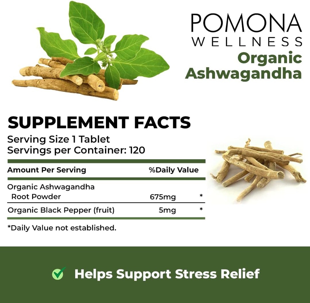 Pomona Wellness Organic Ashwagandha Supplement for Stress Support, 1,350 mg Mood Enhancer & Thyroid Support, USDA Organic, Vegan, Non-GMO, 120 Ashwagandha Root Powder Tablets 6