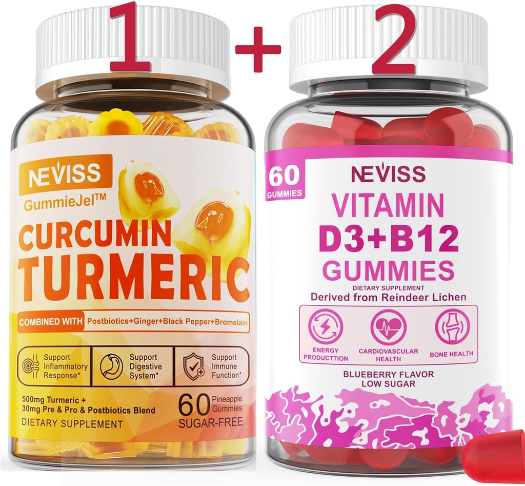 3 Pack Turmeric Curcumin + Vitamin D3 & B12 Gummies, Vegan 2