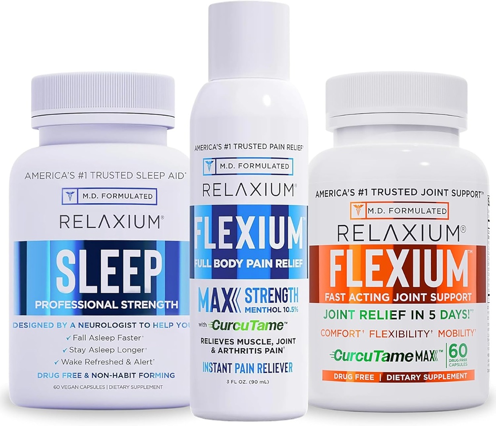Relaxium Sleep Aid 60 Capsule + Flexium Fast Acting Joint Support 60 Capsule + Flexium Instant Spray for Pain, Max Strength with 10.5% Menthol & CurcuTame 90 ml (Family Pack Sleep & Joint Bundle) 2