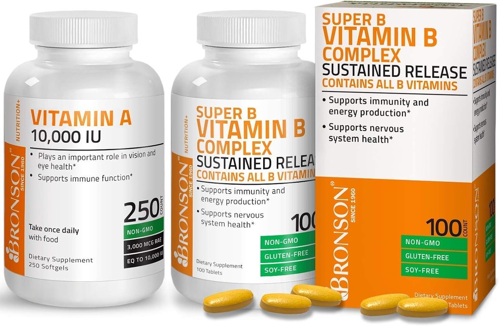 Bronson Super B Vitamin B Complex Sustained Slow Release + Vitamin A 10,000 IU Premium Non-GMO Formula 2