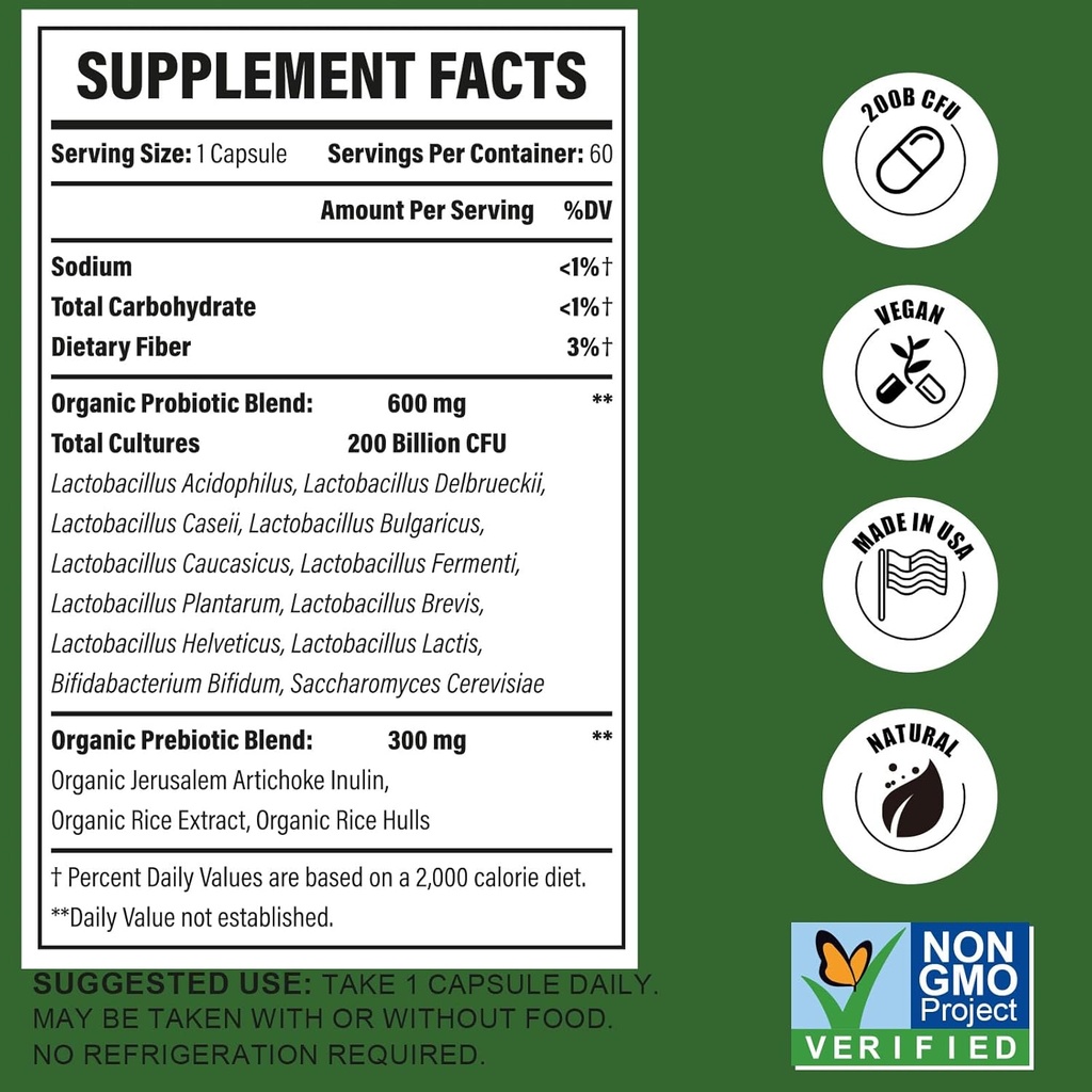 Probiotics for Women & Men, 200 Billion CFU 12 Strains with 3 Organic Prebiotics and Probiotics for Digestive Health Gut, Immune, Bloating & Gas, Energy, Overall Health, Shelf Stable - 2 Month Supply 3