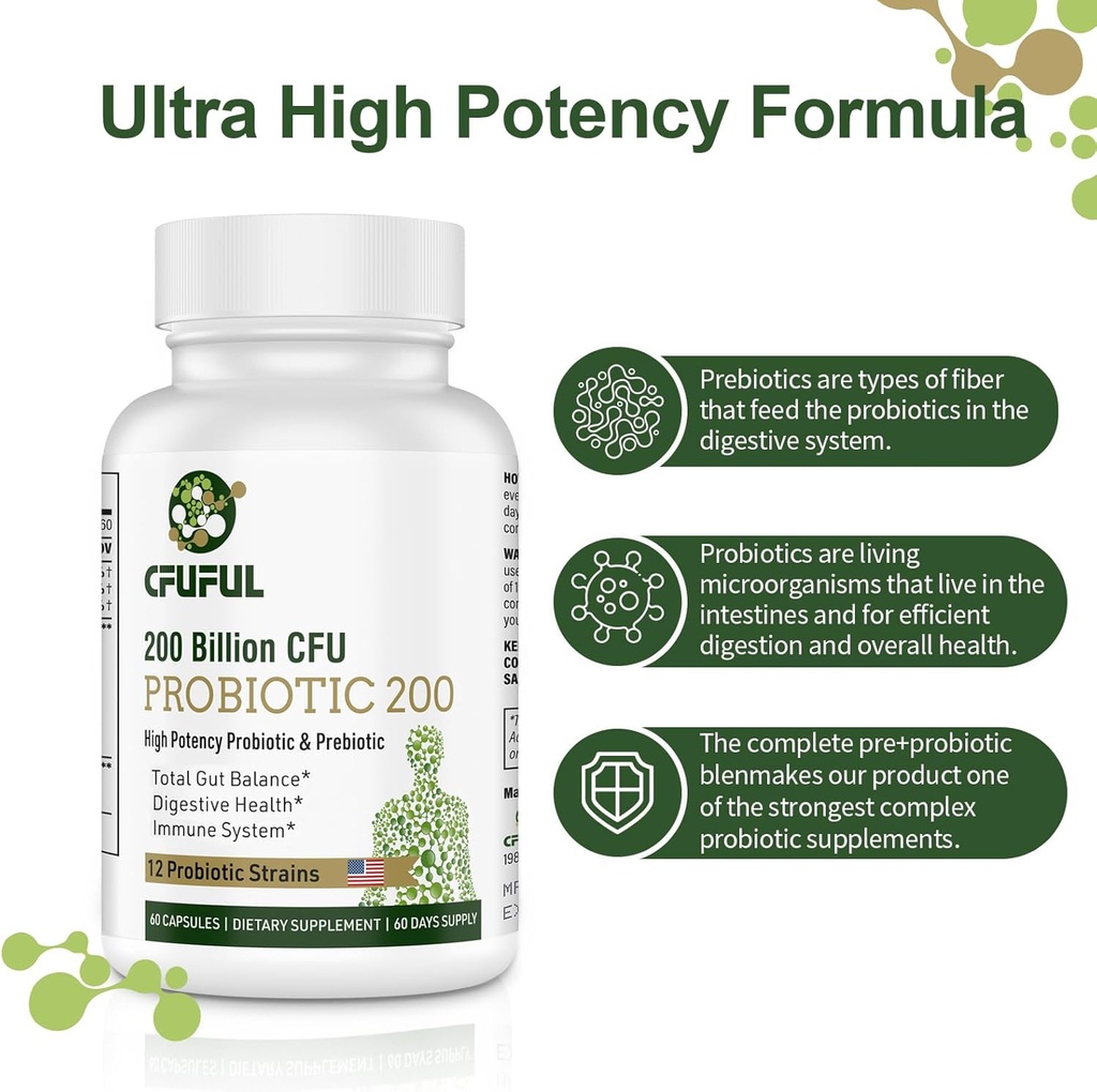 Probiotics for Women & Men, 200 Billion CFU 12 Strains with 3 Organic Prebiotics and Probiotics for Digestive Health Gut, Immune, Bloating & Gas, Energy, Overall Health, Shelf Stable - 2 Month Supply 5