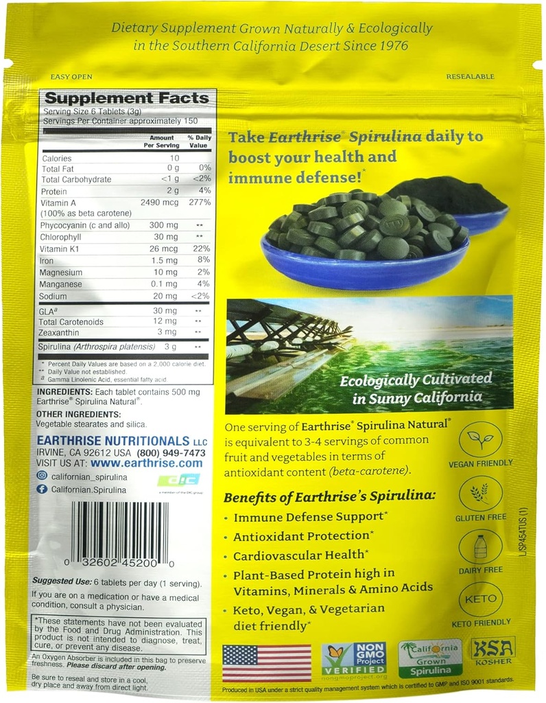 Earthrise Spirulina, Pure Californian Spirulina 500 mg, Vegan, Gluten Free, Keto Friendly, Non -GMO Super Food high in Vitamins & Minerals., 1 LB Tablets (150 Serving) 3