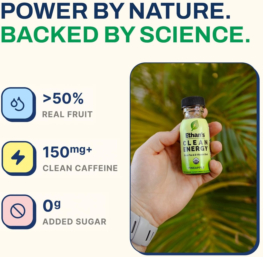 Ethan's Organic Clean Energy Shots Pineapple, Sugar Free Natural Pre-Workout Focus Boost, Gluten Free, Vegan, B6 & B12 Vitamin C with Green Tea Extract and Guayusa (2 Pack of 2oz Shots) 5
