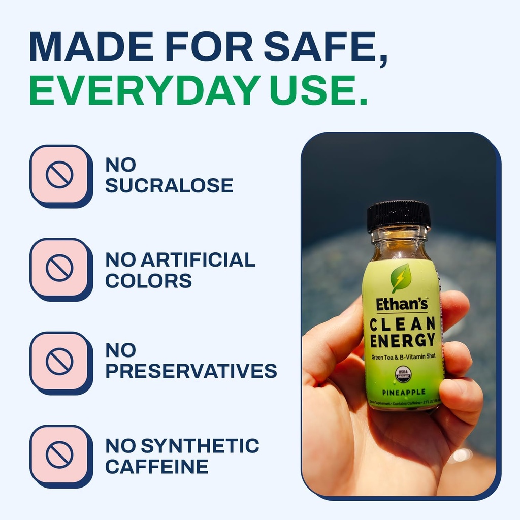 Ethan's Organic Clean Energy Shots Pineapple, Sugar Free Natural Pre-Workout Focus Boost, Gluten Free, Vegan, B6 & B12 Vitamin C with Green Tea Extract and Guayusa (2 Pack of 2oz Shots) 6