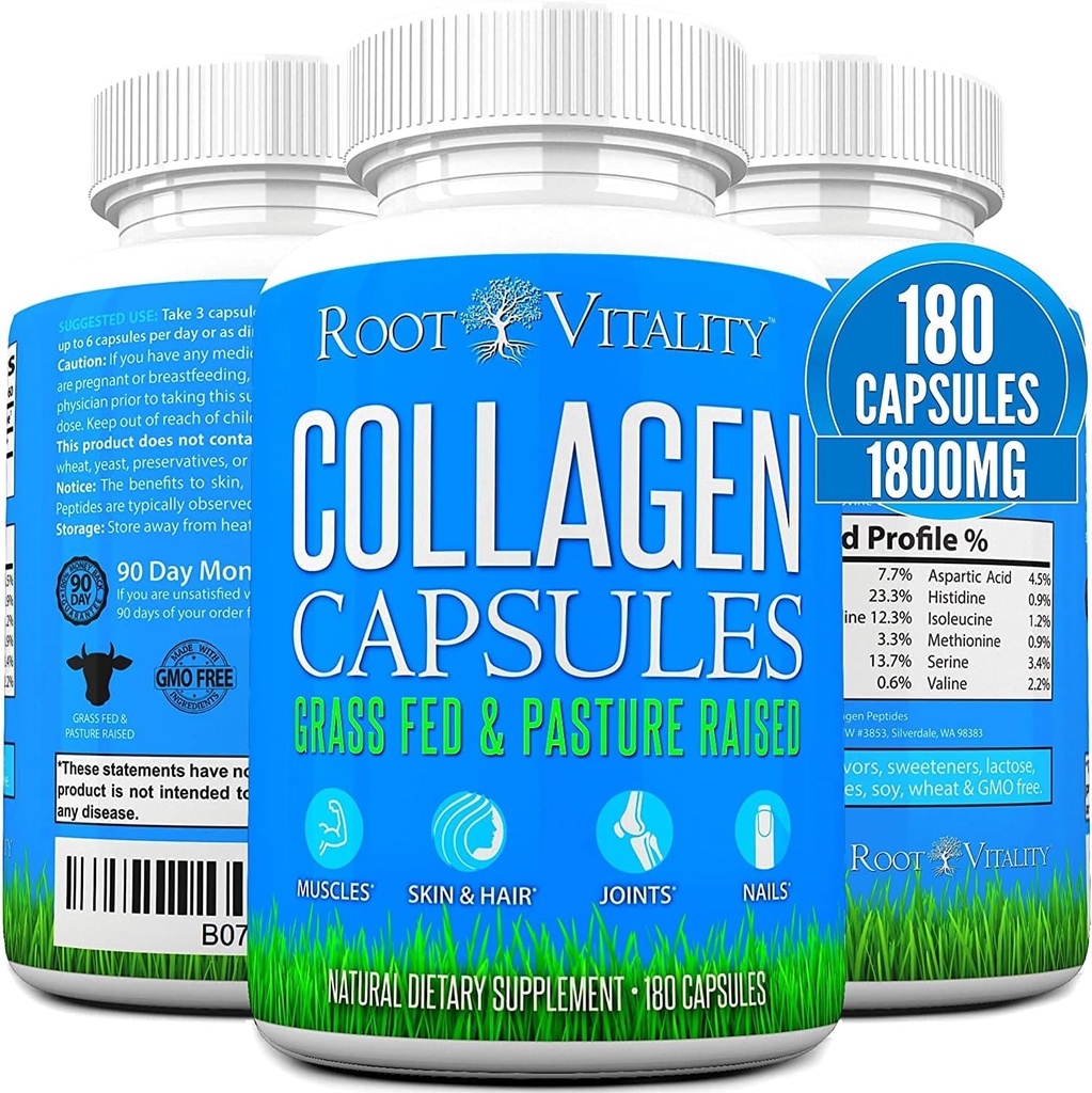 Root Vitality Collagen Peptides Capsules - Grass-Fed, Pasture-Raised Hydrolyzed Protein Supplement for Skin, Hair, & Nails - Non-GMO, Zero Sugar Daily Pills for Men & Women (180 Capsules) 2