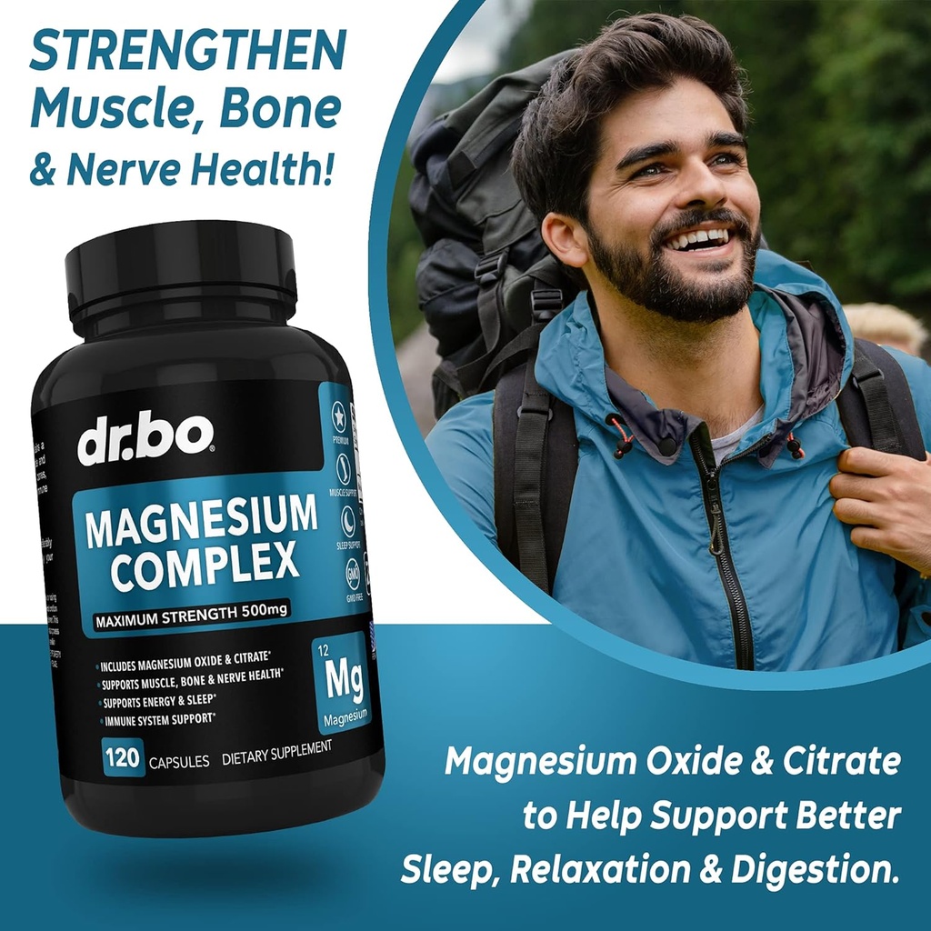 Magnesium Complex Supplement Capsules 500mg - Support Energy, Relaxation, Leg Cramps & Legs - Help Aid Muscle Support Supplements - High Absorption Premium Mag Citrate Oxide - 120 Capsules 4