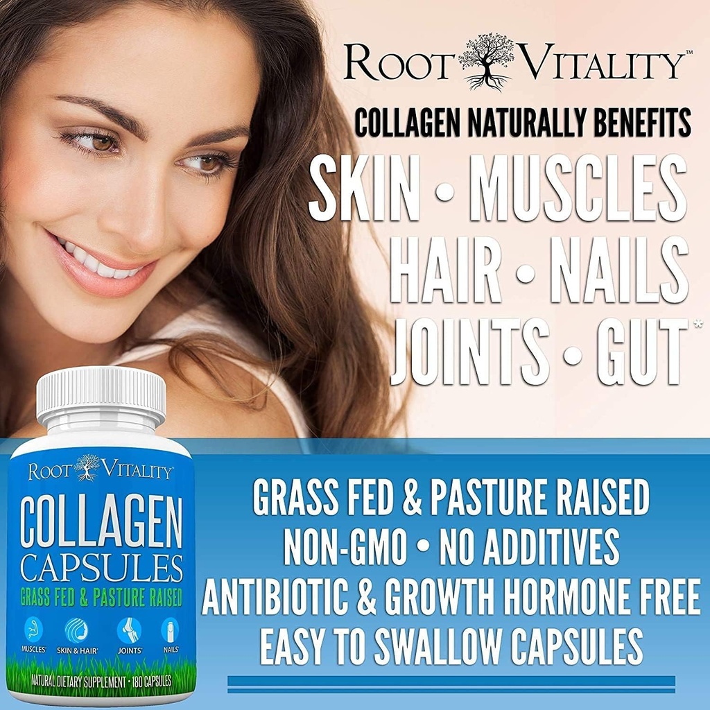 Root Vitality Collagen Peptides Capsules - Grass-Fed, Pasture-Raised Hydrolyzed Protein Supplement for Skin, Hair, & Nails - Non-GMO, Zero Sugar Daily Pills for Men & Women (180 Capsules) 3