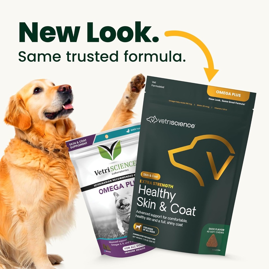 VetriScience Extra Strength Healthy Skin & Coat Chews, Omega Plus Supplement for Dogs, with Balanced Omega 3, 6, 9, Fish Oil and Biotin, Skin Health, Coat Growth and Shine, Duck, 40 Count 3
