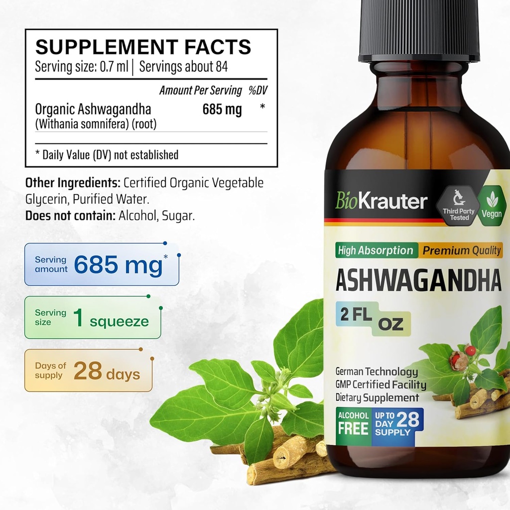 BIO KRAUTER Ashwagandha Liquid Drops - Ashwagandha Supplements for Calmness - Vegan Mood Support Drops - Alcohol & Sugar Free - 4 Fl.Oz. 4