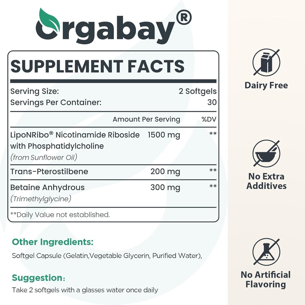 Orgabay Liposomal Nicotinamide Riboside 2000 MG with TMG and Pterostilbene, Boosting NAD+, Support Healthy Aging, 240 Count 3