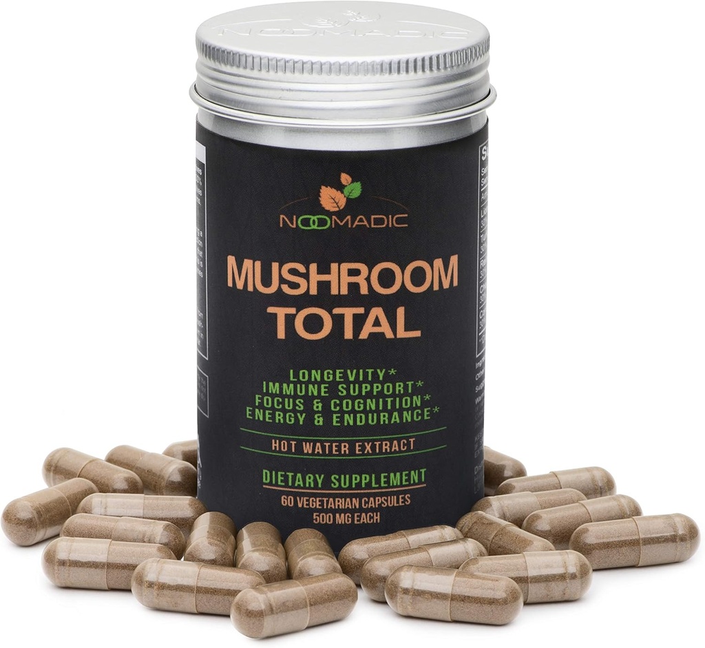 Noomadic Mushroom Total, 60 Capsules, 500mg, 30% Beta Glucans, Adaptogenic Mushroom Complex of Lions Mane, Turkey Tail, Chaga, Reishi, Cordyceps, Hot Water Extract, Fruiting Bodies. 2