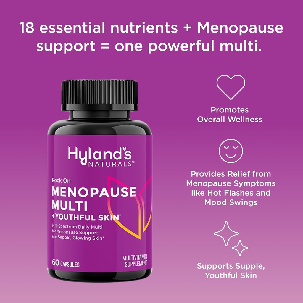 Hyland's Rock On Menopause and Youthful Skin Multivitamin for Women with Immune Support, 60 Capsules, Menopause Relief for Women with Biotin, Collagen, and Red Clover 3
