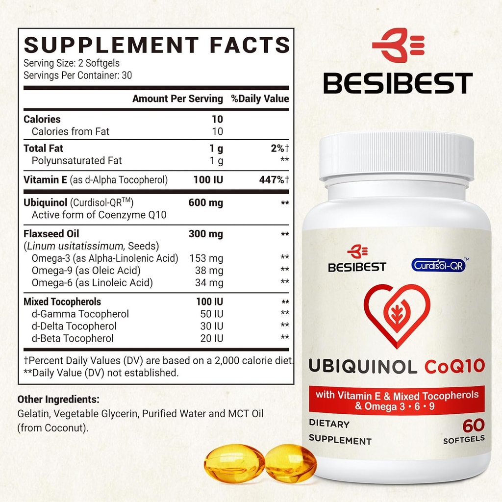 Ubiquinol CoQ10-600mg-Softgel, Active Coq10 Ubiquinol Supplement with Vitamin E & Omega 3, 6, 9, High Absorption-Coenzyme-Q10, Powerful Antioxidant for Energy Production, Tested, 180 Count 4