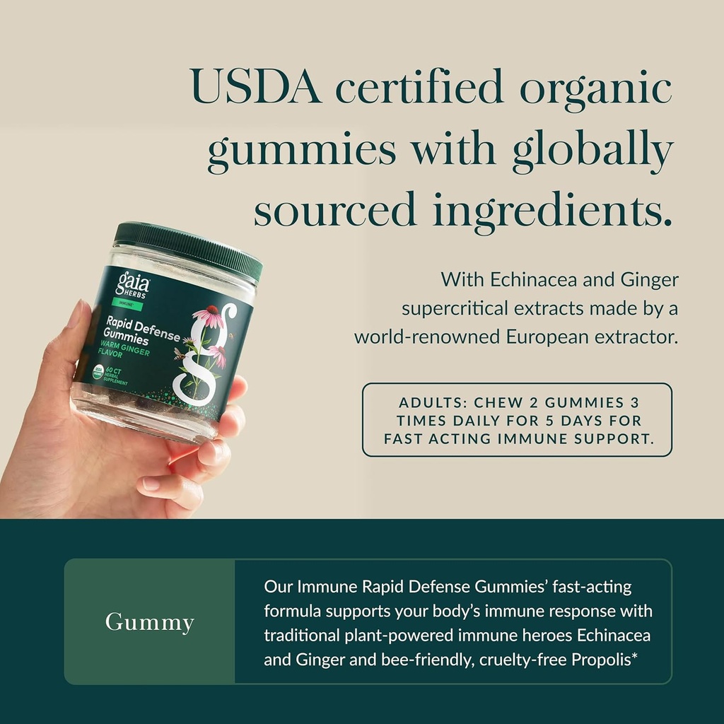 Gaia Herbs Organic Immune Rapid Defense Gummies - Supports Immunity - with Propolis, Ginger, and Echinacea - 60 Vegan Gummies (30-Day Supply) 5