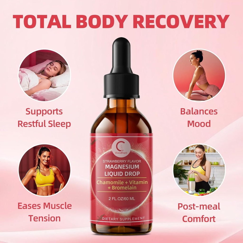 (2 Pack) Magnesium Glycinate Liquid Drops with Citrate & Taurate,Triple Magnesium Complex Supplement with Calcium, Potassium for Energy, Sleep, Muscle, Immune, Sugar Free, Strawberry Flavor, 4 Fl OZ 4