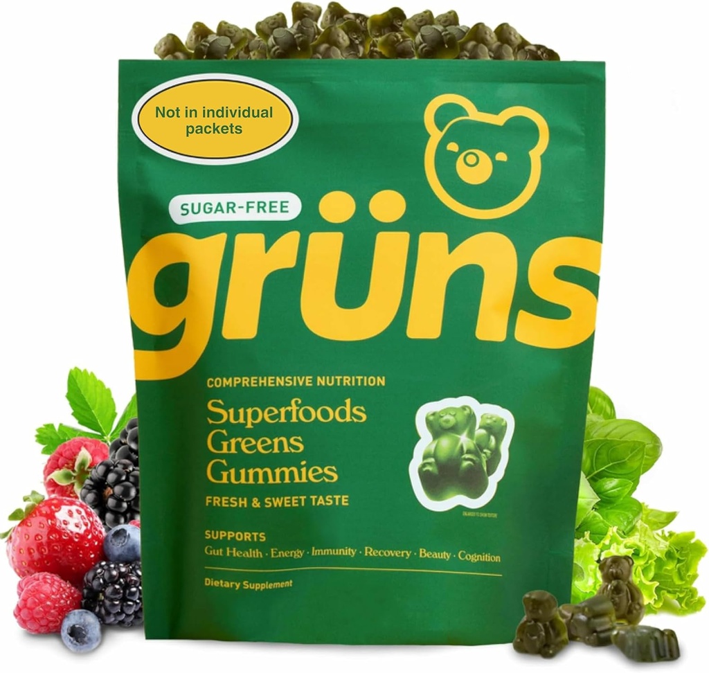 Gruns Adult Sugar-Free Super Greens Gummies - Superfood Gummy Bears with Spirulina, Chlorella, Fiber & Prebiotics for Digestive Health, Adaptogen Supplement with 20 Vitamins & Minerals, 2 Week Supply 2