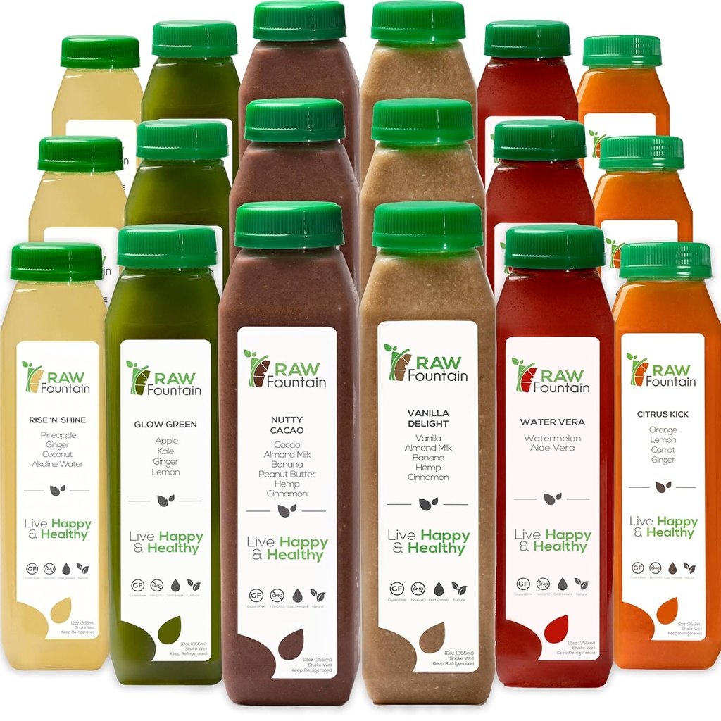 3 Day Protein Juice Cleanse by Raw Fountain, All Natural Raw Detox Cleanse, Cold Pressed Fruits, Vegetables, Vanilla and Chocolate Flavor, Tasty and Energizing, 18 Bottles 12oz, 3 Ginger Shots 2