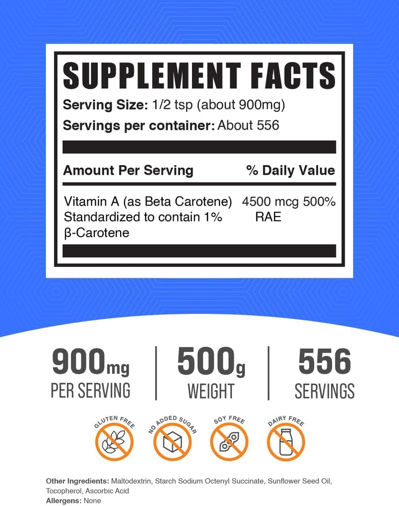 BulkSupplements.com Beta Carotene Powder - Beta Carotene Supplement, Vitamin A Supplement for Immune and Vision Support - Gluten Free, 900mg per Serving, 500g (1.1 lbs) (Pack of 1) 3