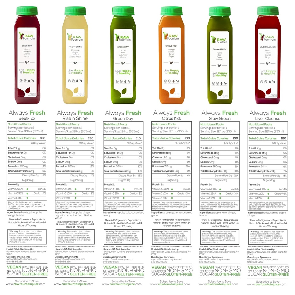 5 Day Juice Cleanse by Raw Fountain, All Natural Raw Detox Cleanse, Juicing for Body Rest, Cold Pressed Juice Fast, Great Way to Jumpstart a Healthy Diet, 30 Bottles 12oz, 5 Ginger Shots 6