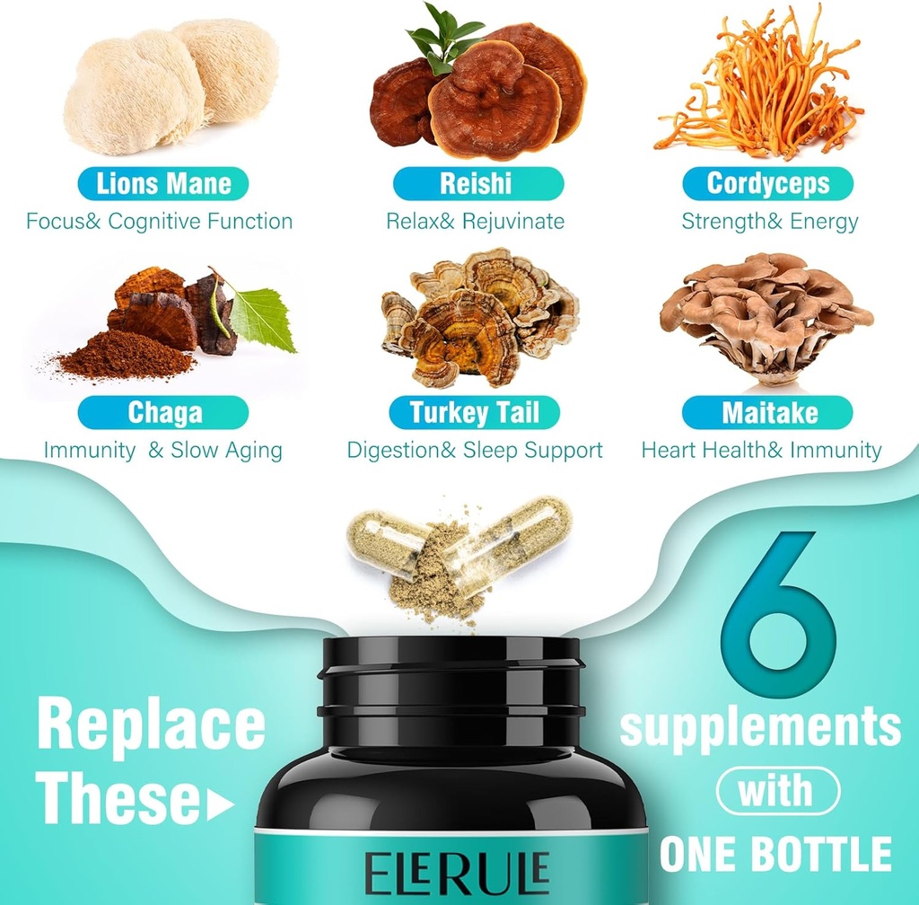 6 in 1 Mushroom Supplement - Focus, Memory, Nootropics Brain & Immune Support Mushroom Complex with Lions Mane, Reishi, Cordyceps, Chaga, Turkey Tail, Maitake (120 Capsules) 3