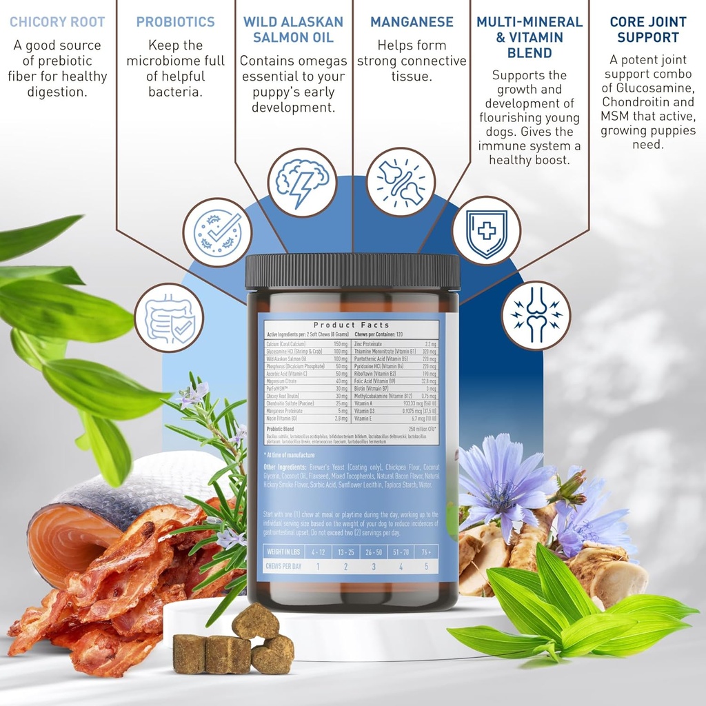 Strawfield Pets' Puppy Multivitamin + Probiotics for Dogs Puppy Vitamins with Joint Support Supplement for Dogs & Puppies Tasty Bacon Flavor 120 Soft Chews 4