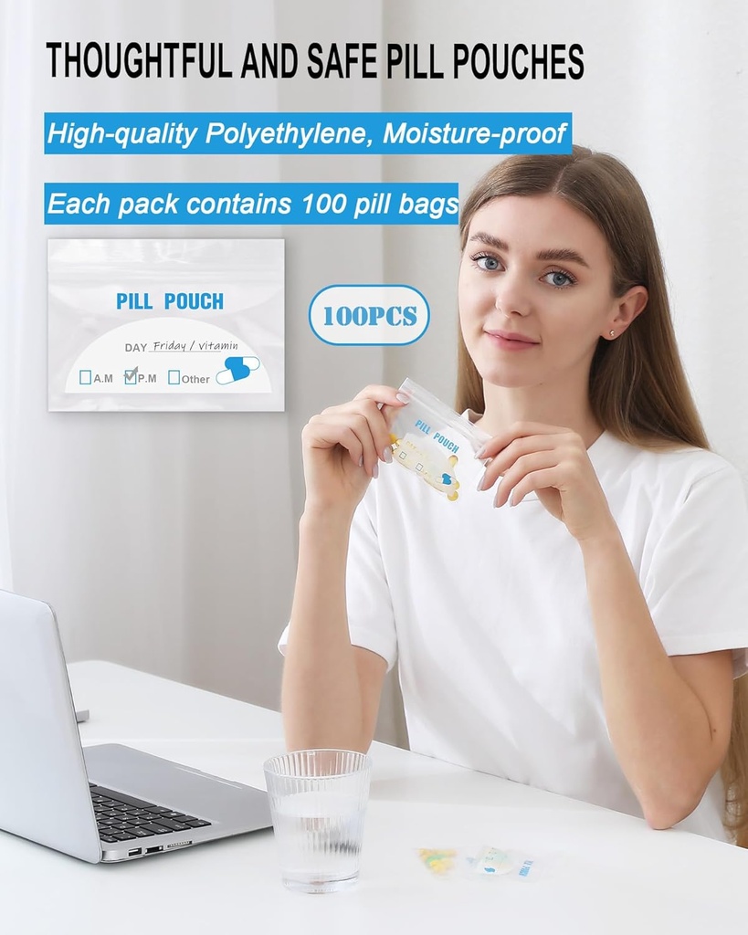 100 Pack Pill Pouch Bags - (4" X 2.75") Thickness is 6 Mil, Portable Plastic Pills Bag Hold Vitamin, Supplements, Medication, and Vitamin Storage 3