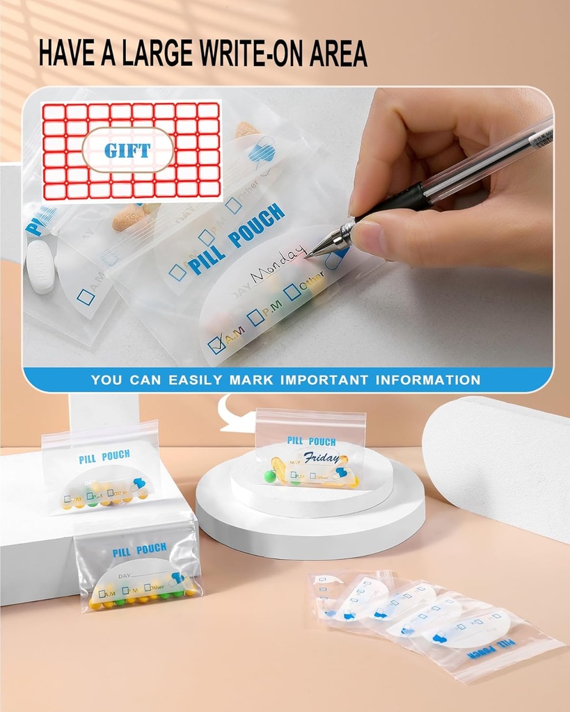 100 Pack Pill Pouch Bags - (4" X 2.75") Thickness is 6 Mil, Portable Plastic Pills Bag Hold Vitamin, Supplements, Medication, and Vitamin Storage 4