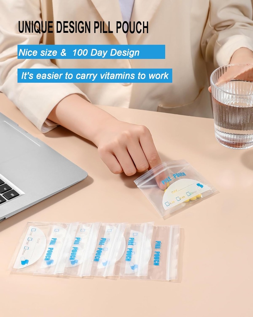 100 Pack Pill Pouch Bags - (4" X 2.75") Thickness is 6 Mil, Portable Plastic Pills Bag Hold Vitamin, Supplements, Medication, and Vitamin Storage 6