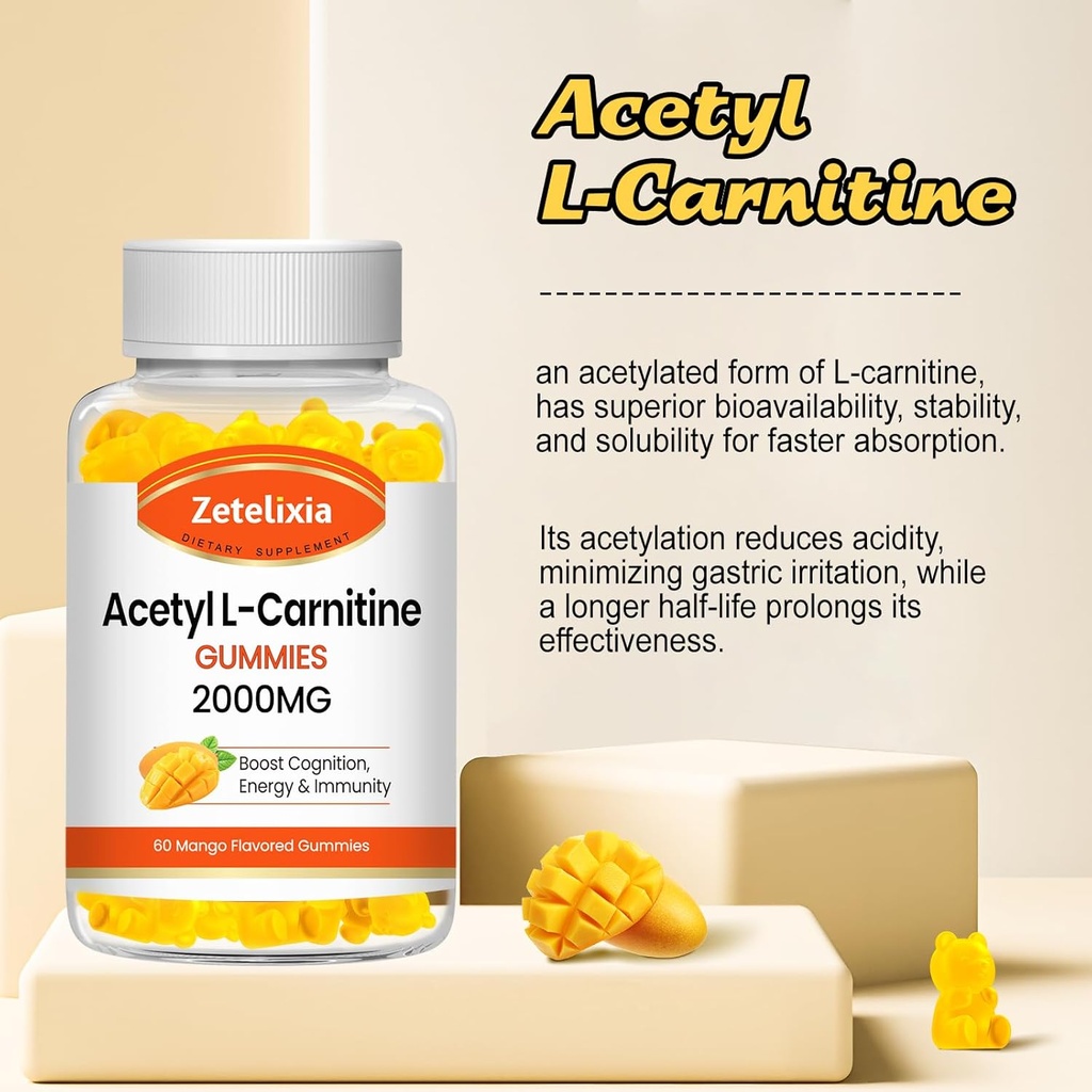 Acetyl L-Carnitine Gummies, L-Carnitine Supplement for Women & Men, Nutrition Supplement for Boost Energy, Immunity & Brain Health, Vegan, Non-GMO, Mango Flavor, 60 Count 5