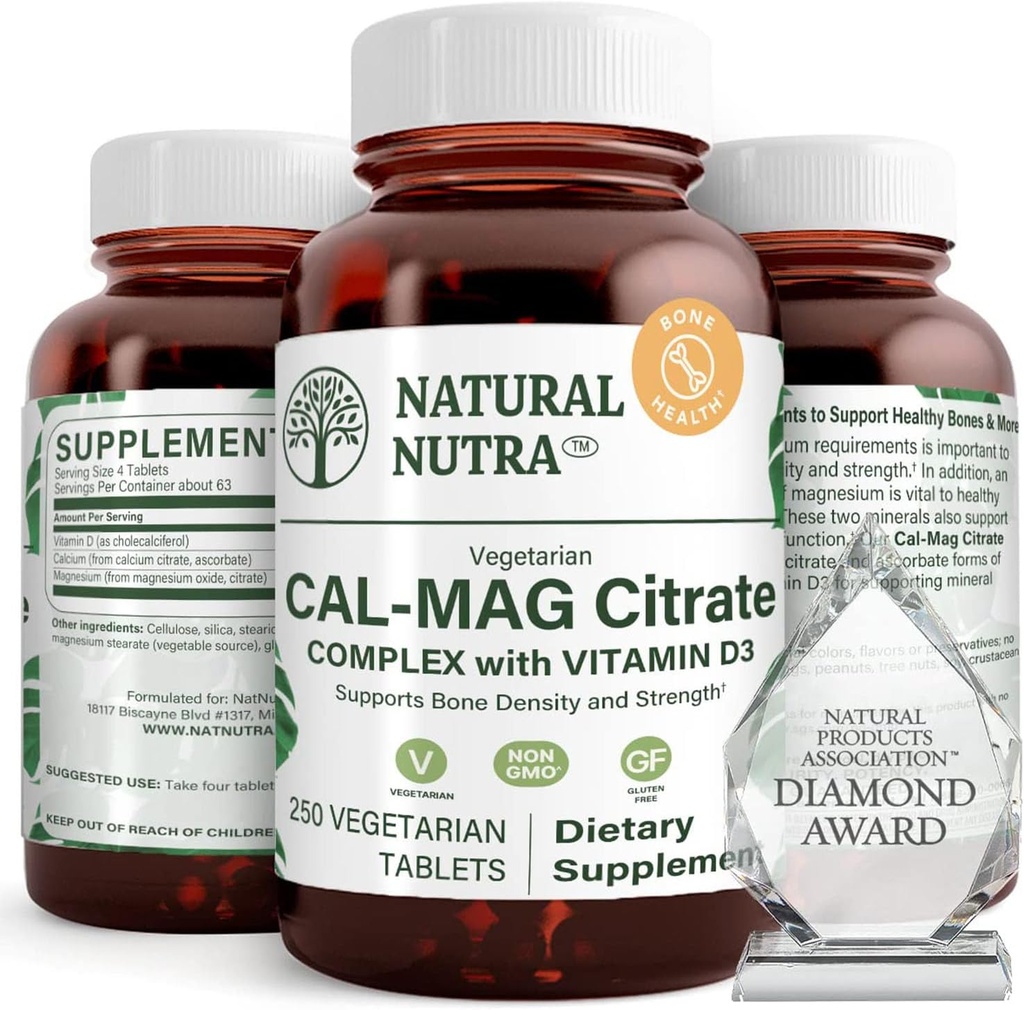 Natural Nutra Cal-Mag Citrate with Vitamin D3,1000/500 mg Complex, Strengthen Bone Density, Muscle and Nerve Health, Help Maintain Healthy Teeth, Highly Bioavailable Sources, 250 Vegan Tablets 2