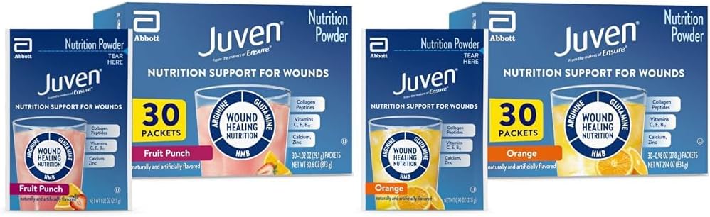 Juven Therapeutic Nutrition Drink Mix Powder for Wound Healing Support, Includes Collagen Protein, Orange 30 Count & Fruit Punch 30 Count, 60 Total Packets 2