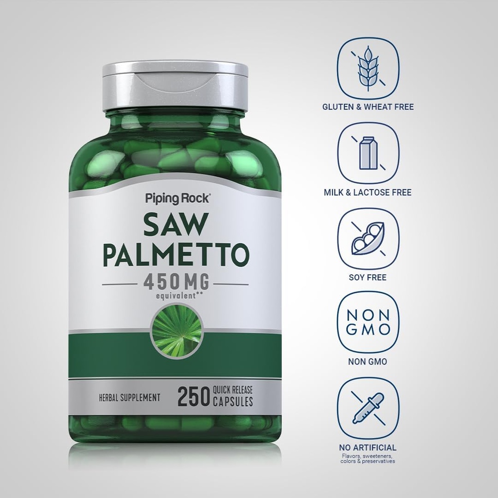 Piping Rock Saw Palmetto for Men and Women | 450 mg | 250 Capsules | Herb Extract Supplement | Serenoa Repens | Non-GMO, Gluten Free 4