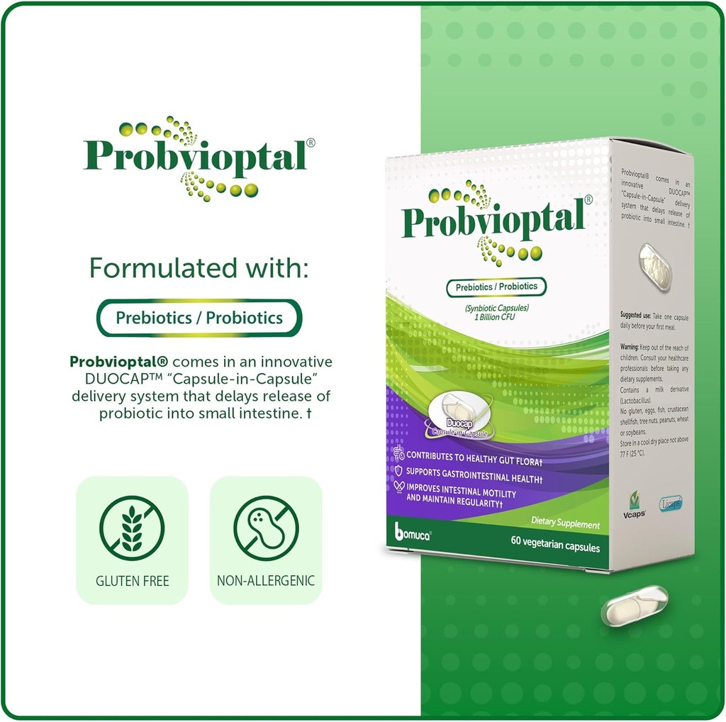 Probvioptal, 60 Capsules, Probiotics & Prebiotics, Duocap, 1 Billion CFU, Gluten Free 6