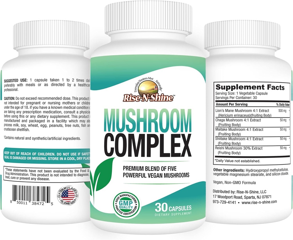 Rise-N-Shine Mushroom Complex Supplement for Clarity & Focus - Immune Support w/Lion’s Mane, Reishi, Mushroom, Chaga, Maitake & Shiitake Mushroom - 30 Day Supply - 30 Capsules 3