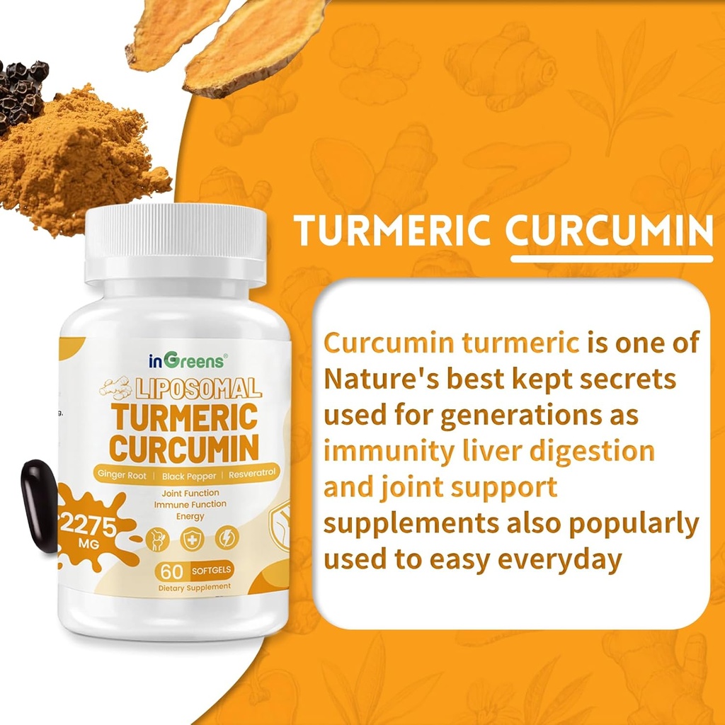 Turmeric Supplement 2275mg, 95% Curcumin, Liposomal Curcumin for Best Absorption, Curcumin Supplement for Joint Support, Bottled in USA - 60 Softgels 4
