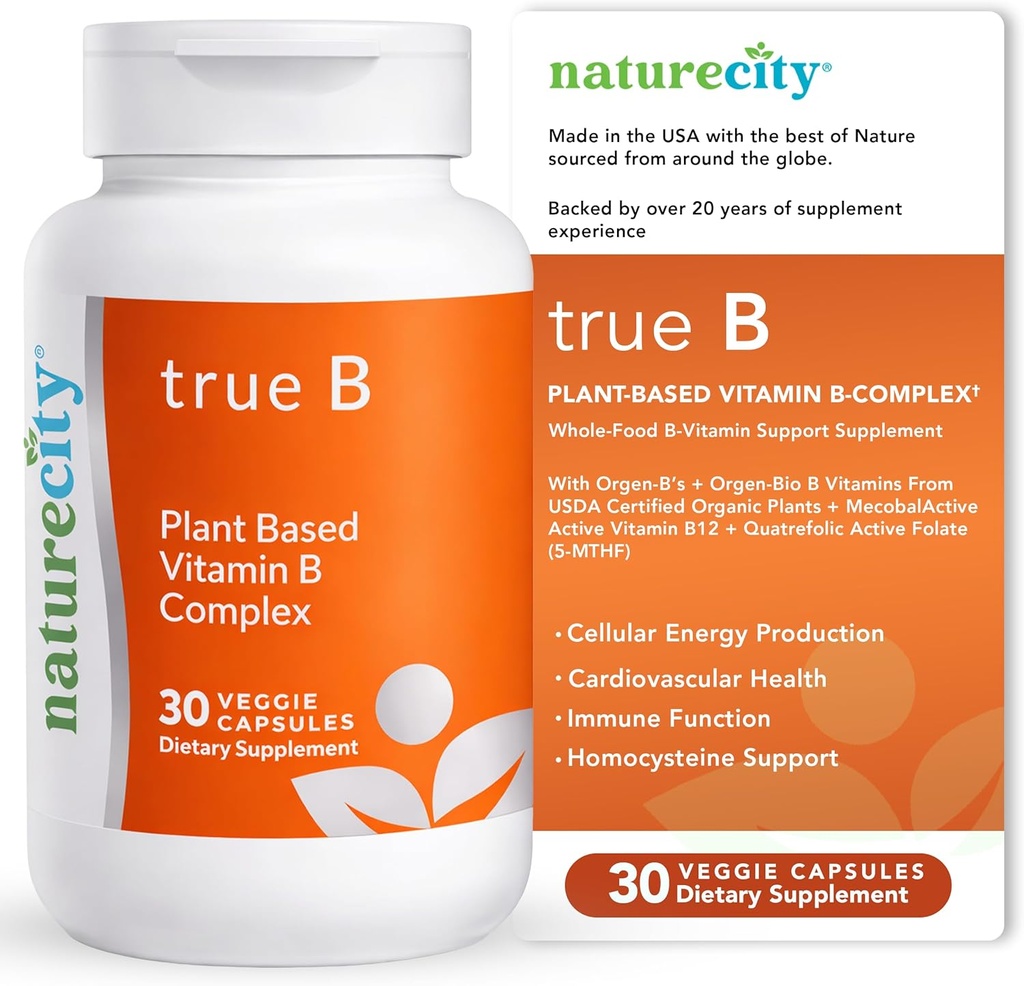 NatureCity True-B Plant-Based Super B Vitamin Complex Supplement |Made from Certified Oraganic Whole Food Plant Sources with Active Folate and Vitamin B12 - (30 Veggie Capsules) 2