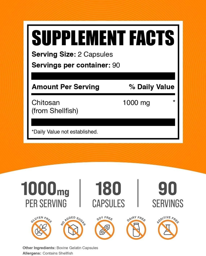 BulkSupplements.com Chitosan Capsules - Chitosan Supplements, Chitosan 1000mg - from Shellfish, 2 Capsule per Serving, 180 Capsules (Pack of 1) 3