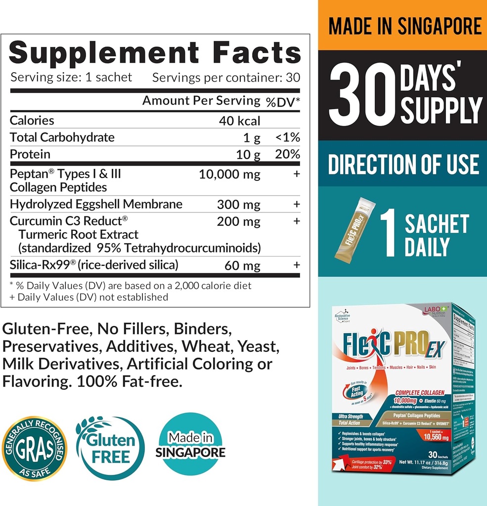 LABO Nutrition FlexC PRO EX, Full Spectrum Collagen, Type I, III, V & X, Peptan Collagen, Eggshell Membrane, Water Soluble Silica & Curcumin C3 Reduct, for Hair, Skin, Nails, Joint, Bones, Muscles 3