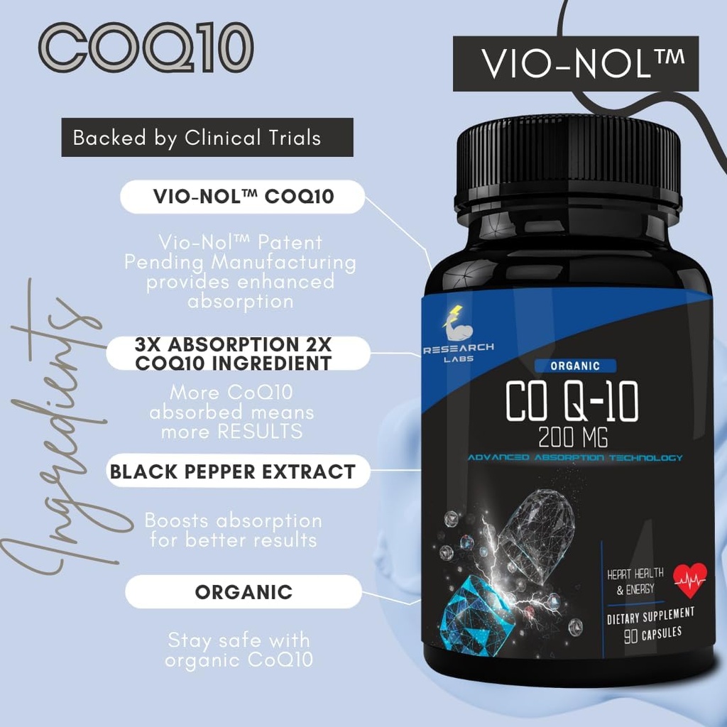Research Labs Advanced Absorption 200mg CoQ10 w/Black Pepper Extract. 90 Softgels. Organic, Gluten Free, Heart Health Support, Energy Production, Antioxidant Supplement 3