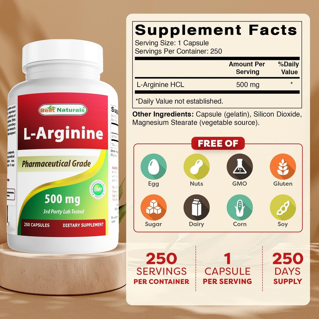 Best Naturals L-Arginine 500mg 250 Capsules (250 Count (Pack of 2)) 3