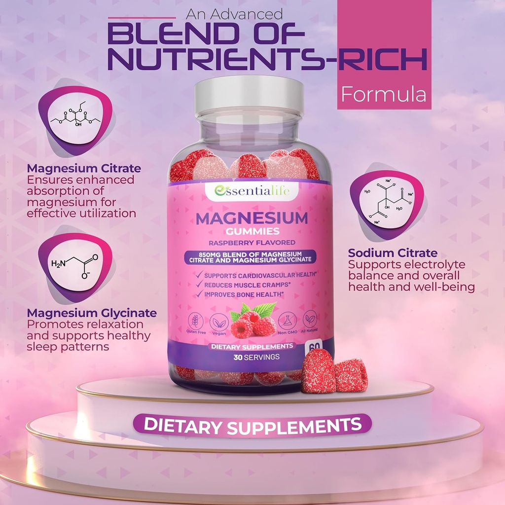 Magnesium Gummies 2 Packs Essentialife 100mg Per Serving - Blend of Magnesium Citrate & Magnesium Glycinate - Supports Healthy Digestion - Stay Calm & Energetic with Magnesium Supplements for Sleep 5